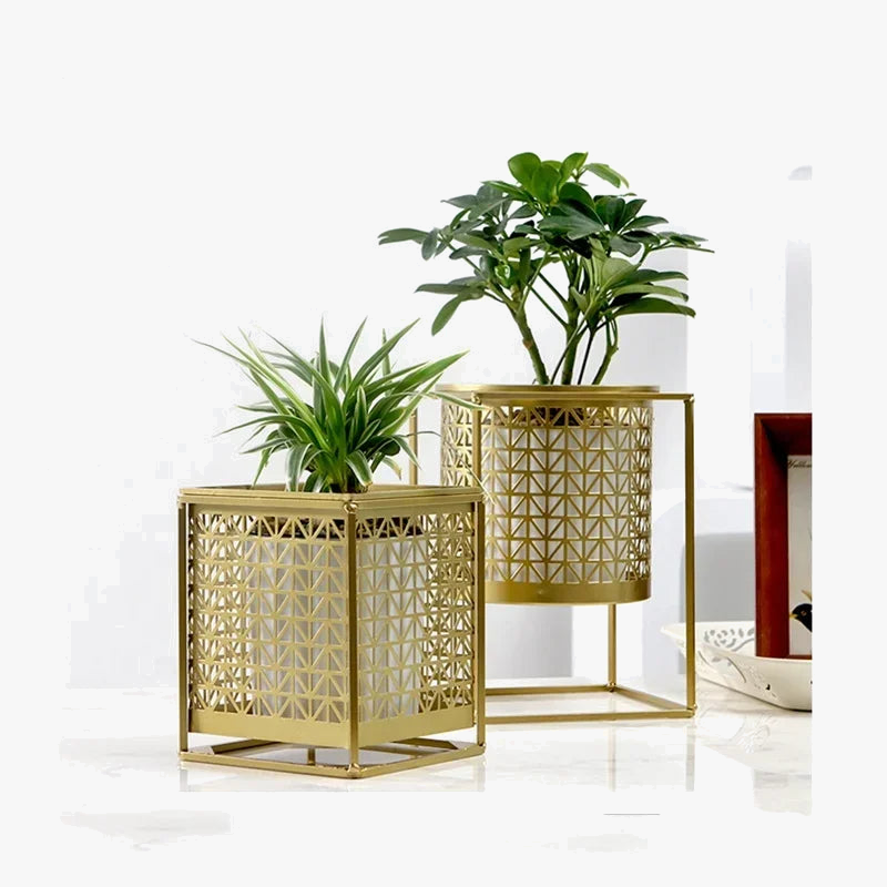 square gold metal flower pots with iron stand
