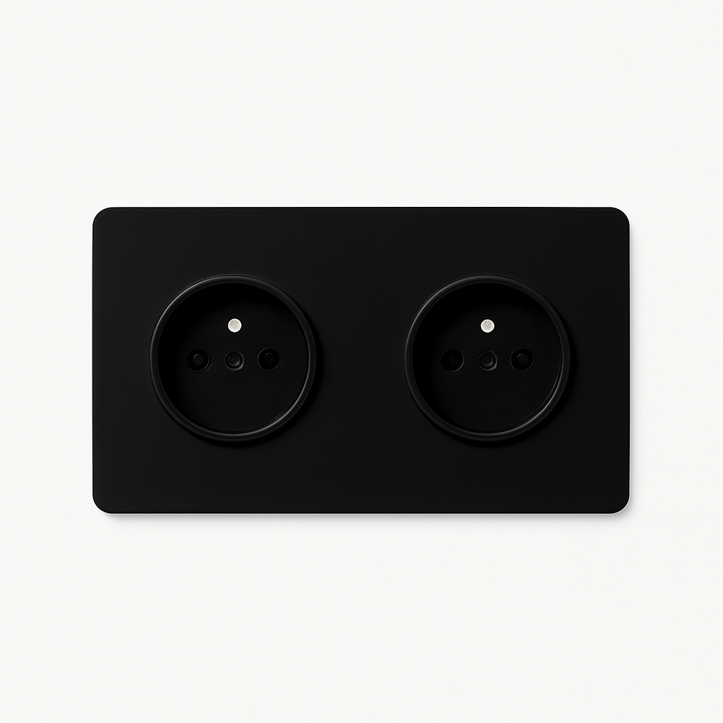 Double electric socket in matte black steel with rounded edges