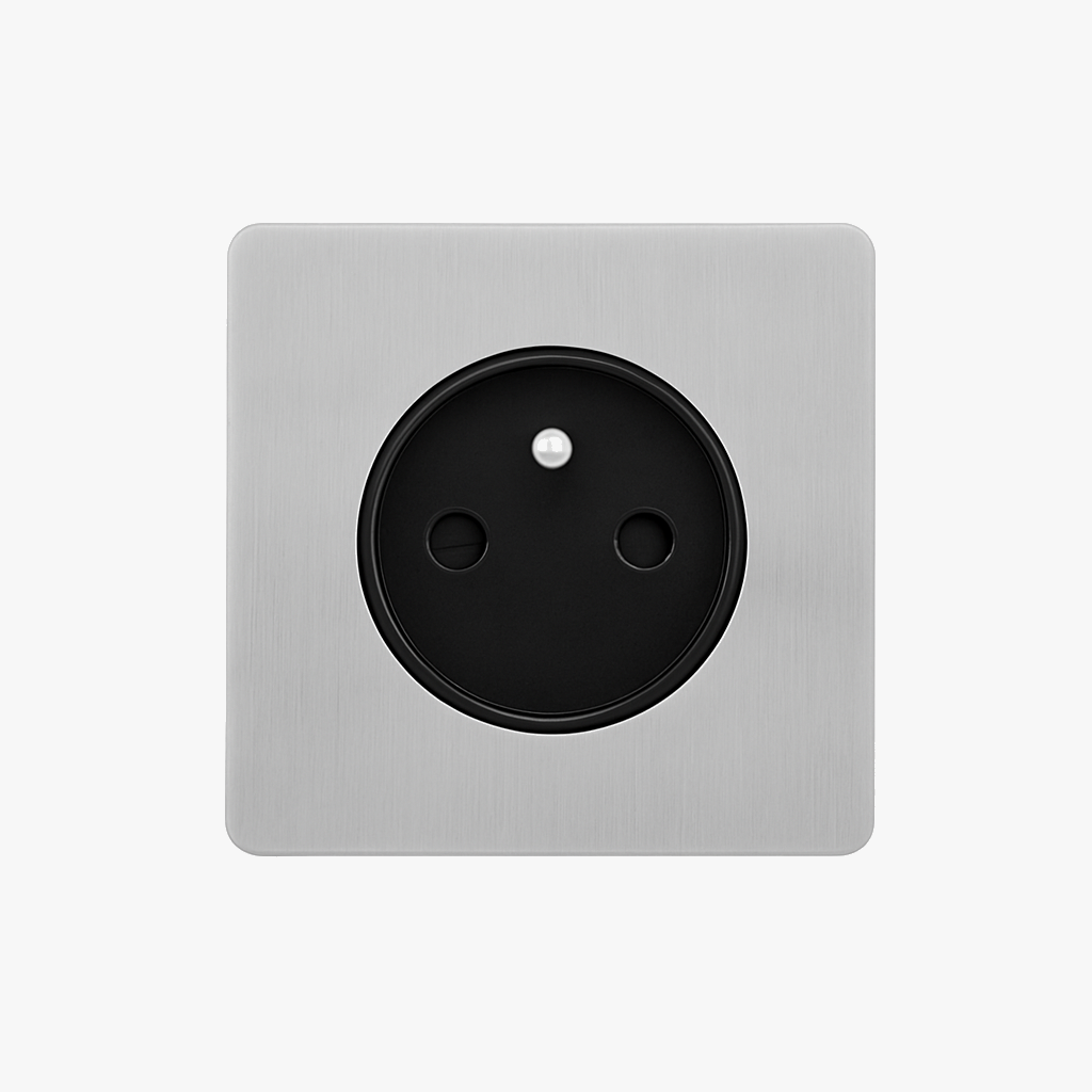 Light grey brushed steel electrical socket with rounded edges
