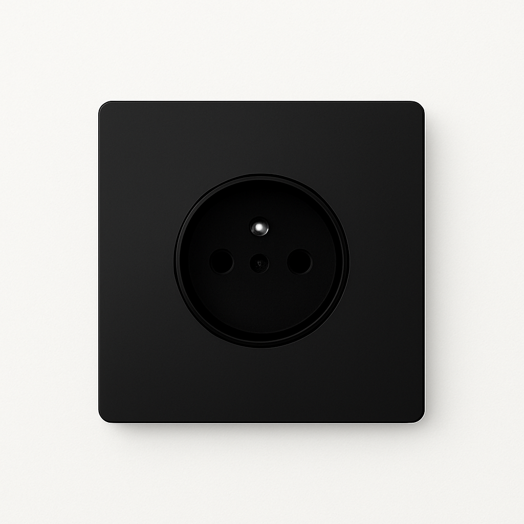 Black matt steel electrical socket with rounded edges