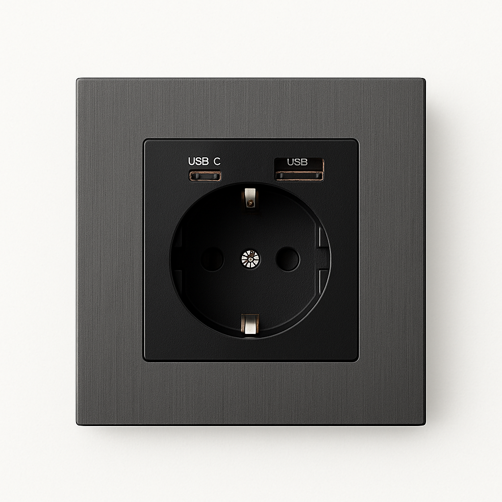 Brushed grey steel electrical socket with dual USB and USB type C