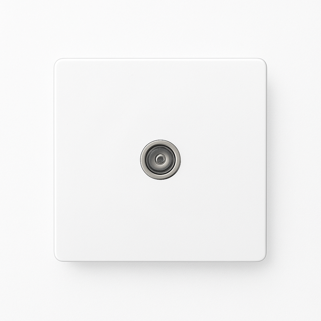 Matte white steel TV socket with rounded edges