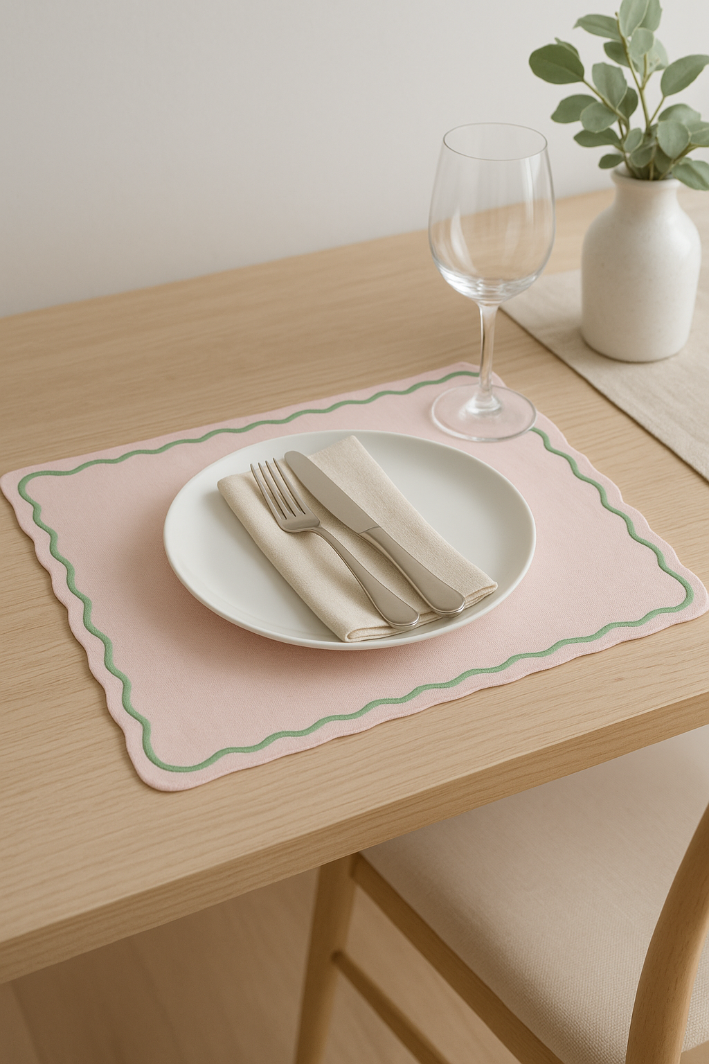 Cotton linen placemat with scallop motif, festive design