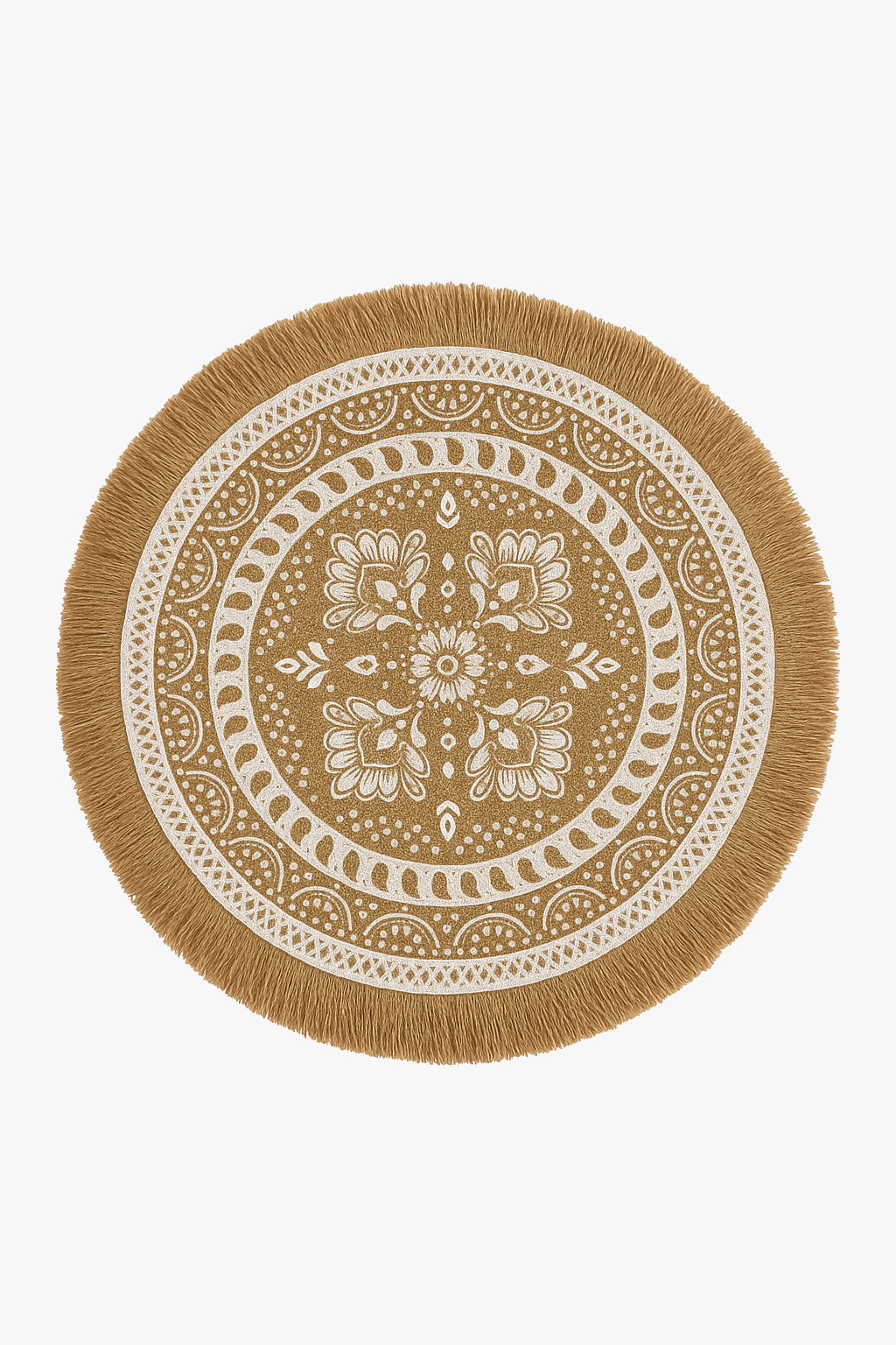 Boho round woven placemat with jute-style tassels
