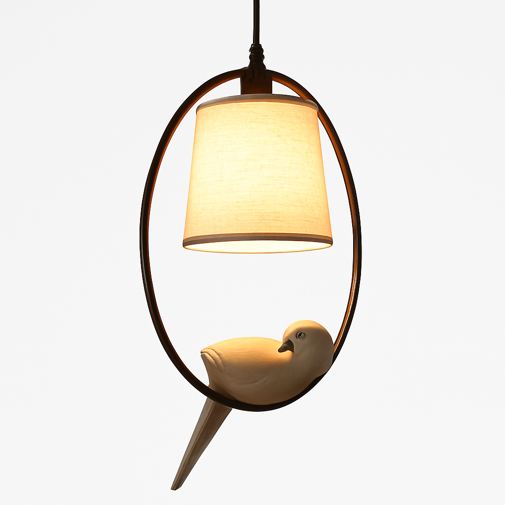 Pendant light with shade and perched bird LED