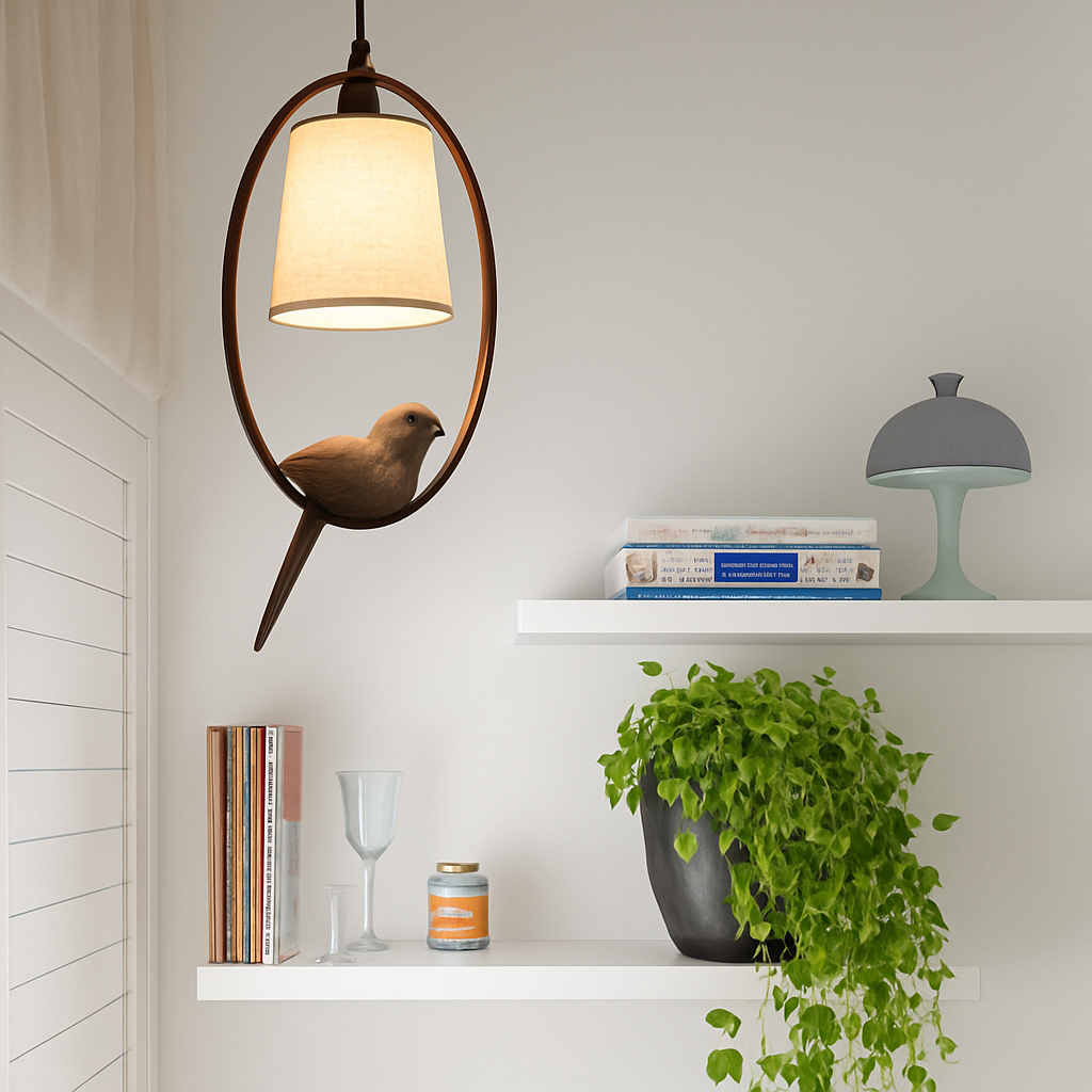 Pendant light with shade and perched bird LED - vue 3 sur 3