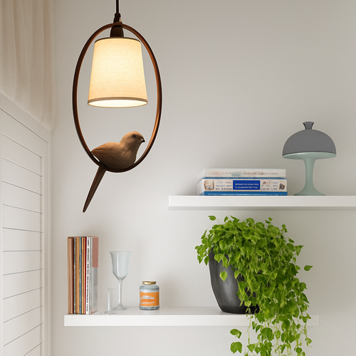 Pendant light with shade and perched bird LED - vue 3 sur 3