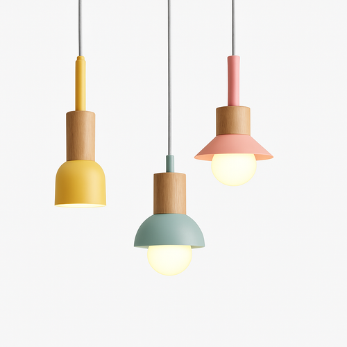 Designer wooden and metal pendant light in various shapes window - vue 6 sur 17