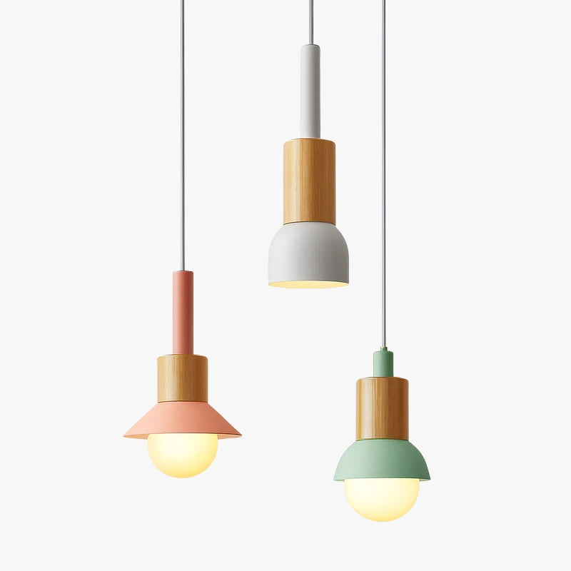 Designer wooden and metal pendant light in various shapes window