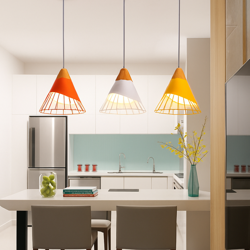 Designer LED pendant light in wood and colour cage