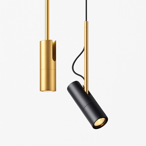 Designer pendant light with adjustable spotlight and gold stem - vue 2 sur 11