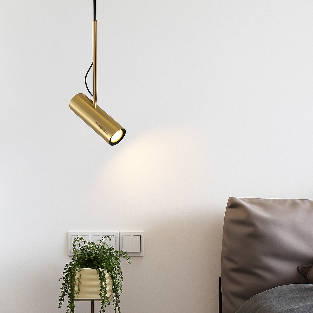 Designer pendant light with adjustable spotlight and gold stem