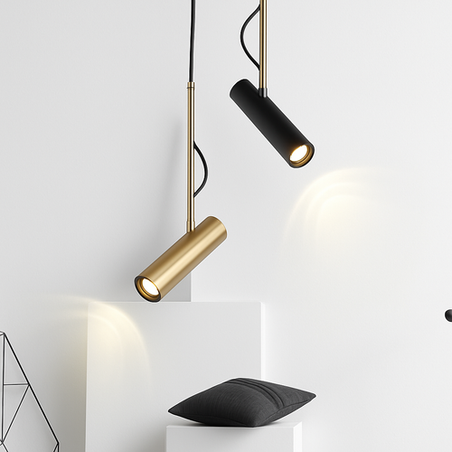 Designer pendant light with adjustable spotlight and gold stem - vue 4 sur 11