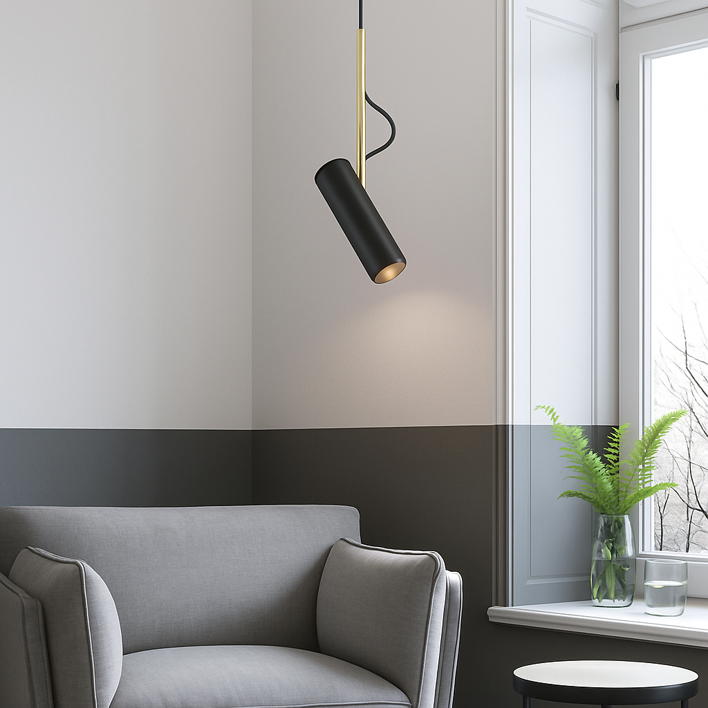 Designer pendant light with adjustable spotlight and gold stem - vue 4 sur 11