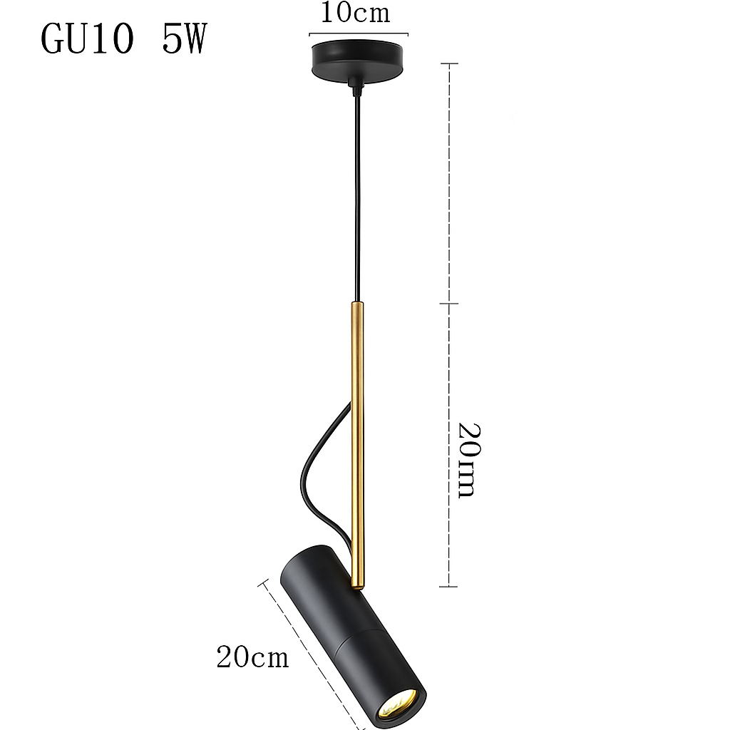 Designer pendant light with adjustable spotlight and gold stem - vue 9 sur 11