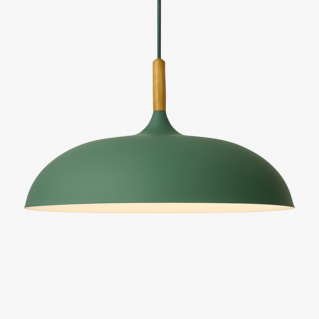 Coloured aluminium pendant light with wood stem wood
