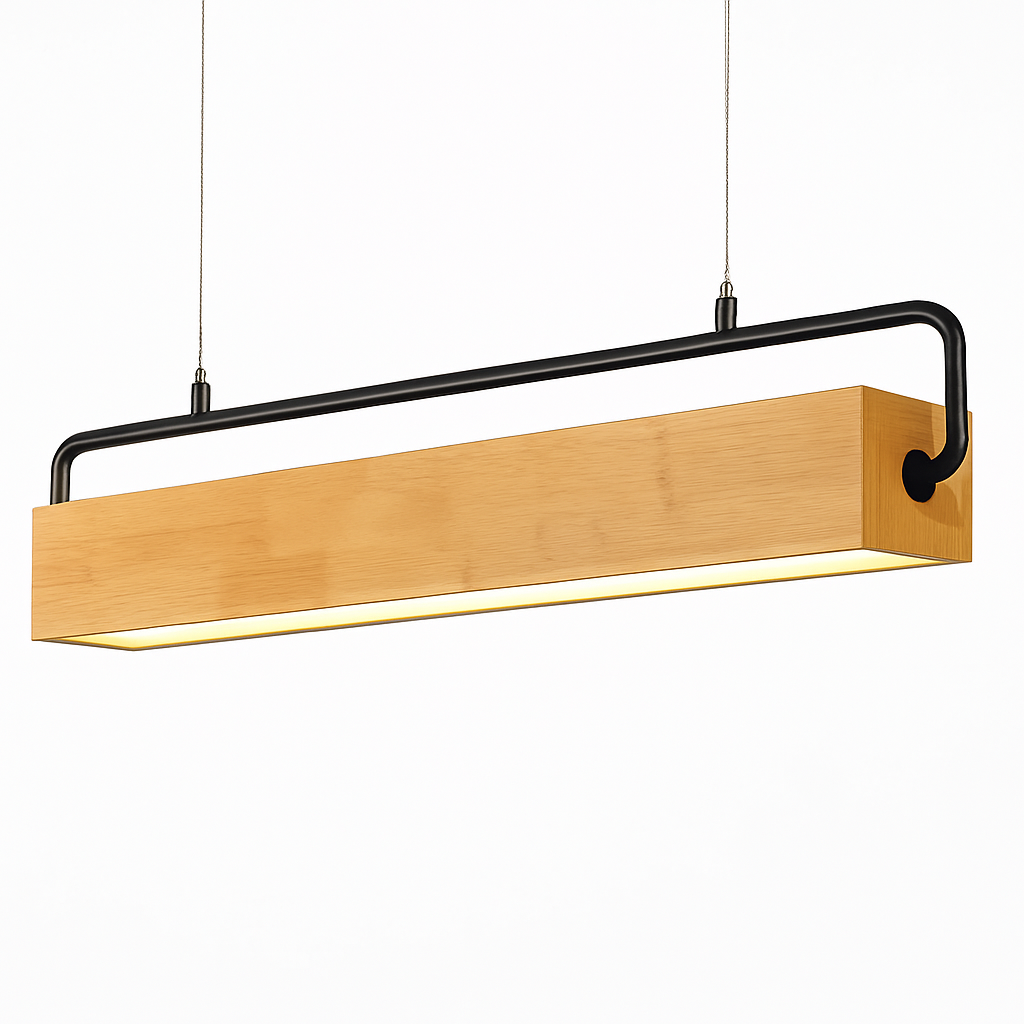 Nordic wood LED pendant light for dining room, living room, kitchen, office, shop, bar, café – modern long strip hanging lamp