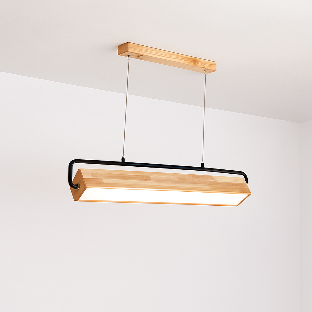 Nordic wood LED pendant light for dining room, living room, kitchen, office, shop, bar, café – modern long strip hanging lamp