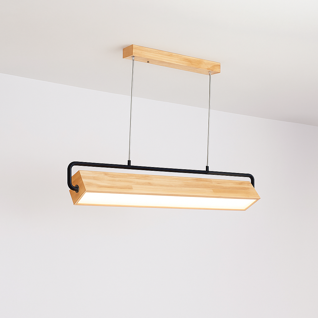 Nordic wood LED pendant light, modern long linear suspension for dining, living room, kitchen, office, shop, bar, café