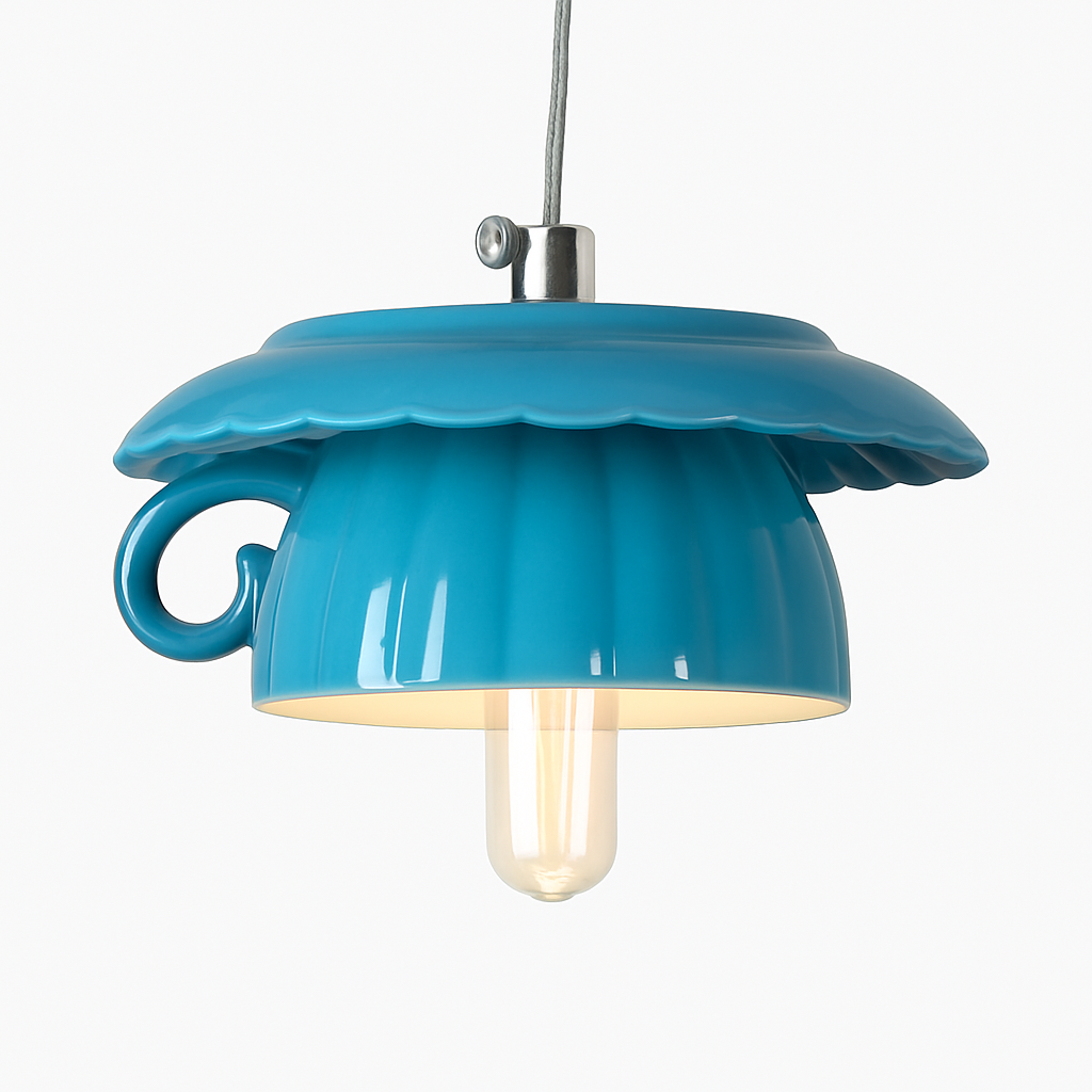 Modern LED pendant light in the shape of a tipped coffee cup