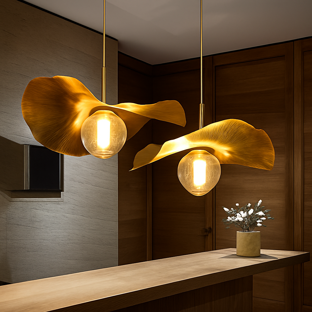 Modern brass lotus leaf LED pendant light for dining, kitchen island or lounge - vue 4 sur 9