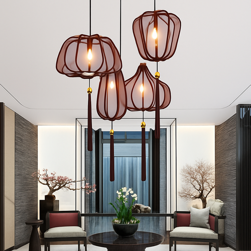 Chinese style fabric LED pendant light - vue 13 sur 18