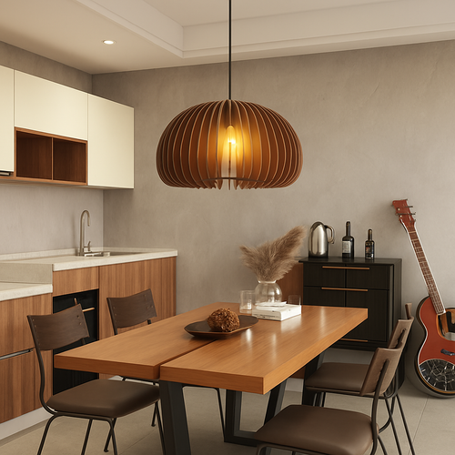 Nordic natural wood pumpkin pendant chandelier lighting - vue 4 sur 15