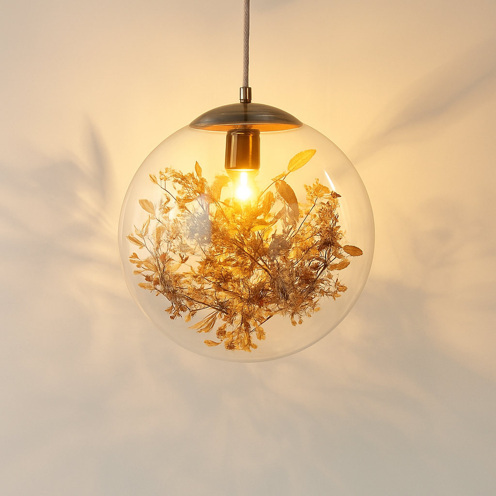 Modern glass and metal pendant light with floral design