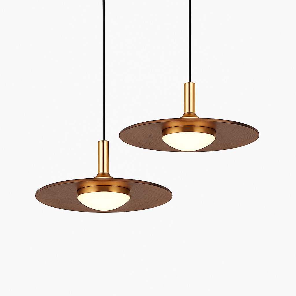 Nordic wood and copper flying saucer pendant light for interiors