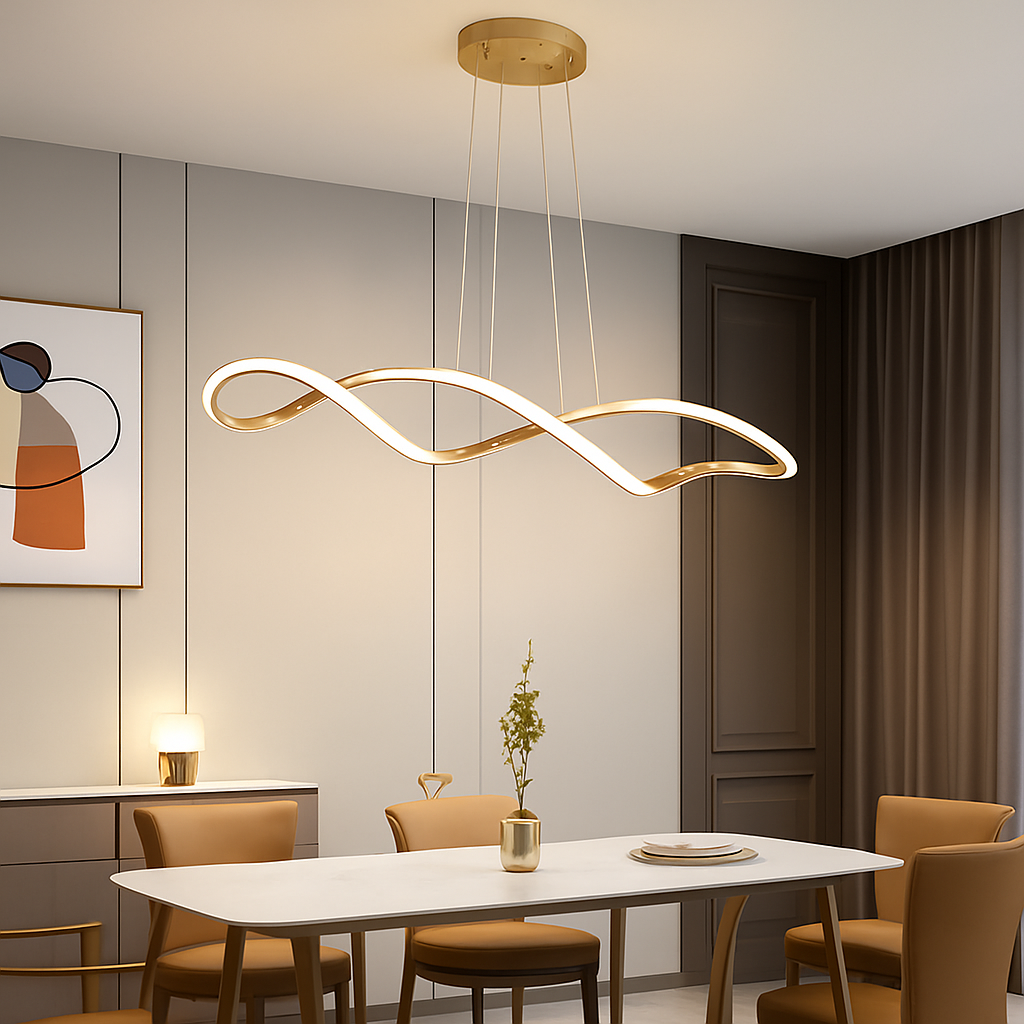 Modern LED pendant light chandelier for dining room, living room or bedroom, 92cm gold, chrome or black, remote/app control - vue 5 sur 9
