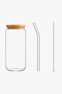Glass can tumbler with bamboo lid and straw
