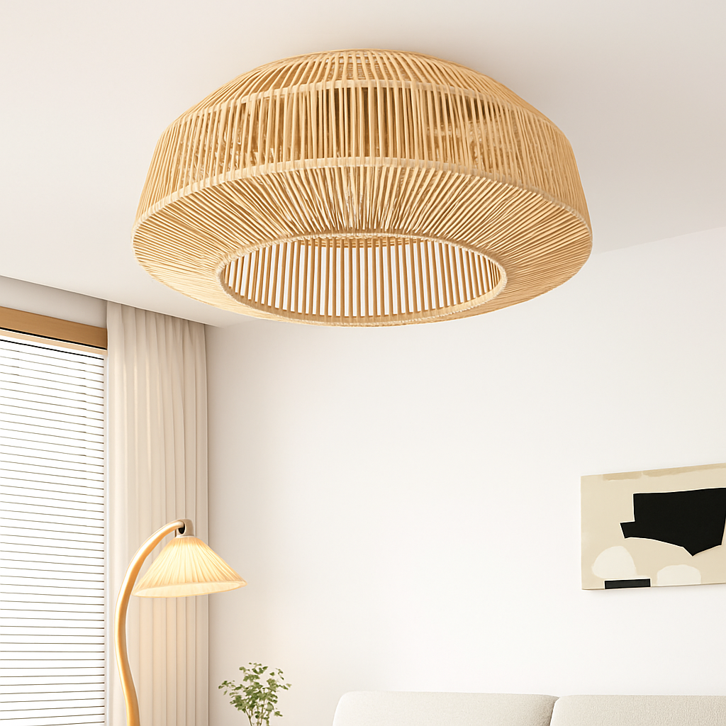 Handmade bamboo rattan ceiling fan with retro light and invisible blades for kitchen island wabi-sabi style - modern design