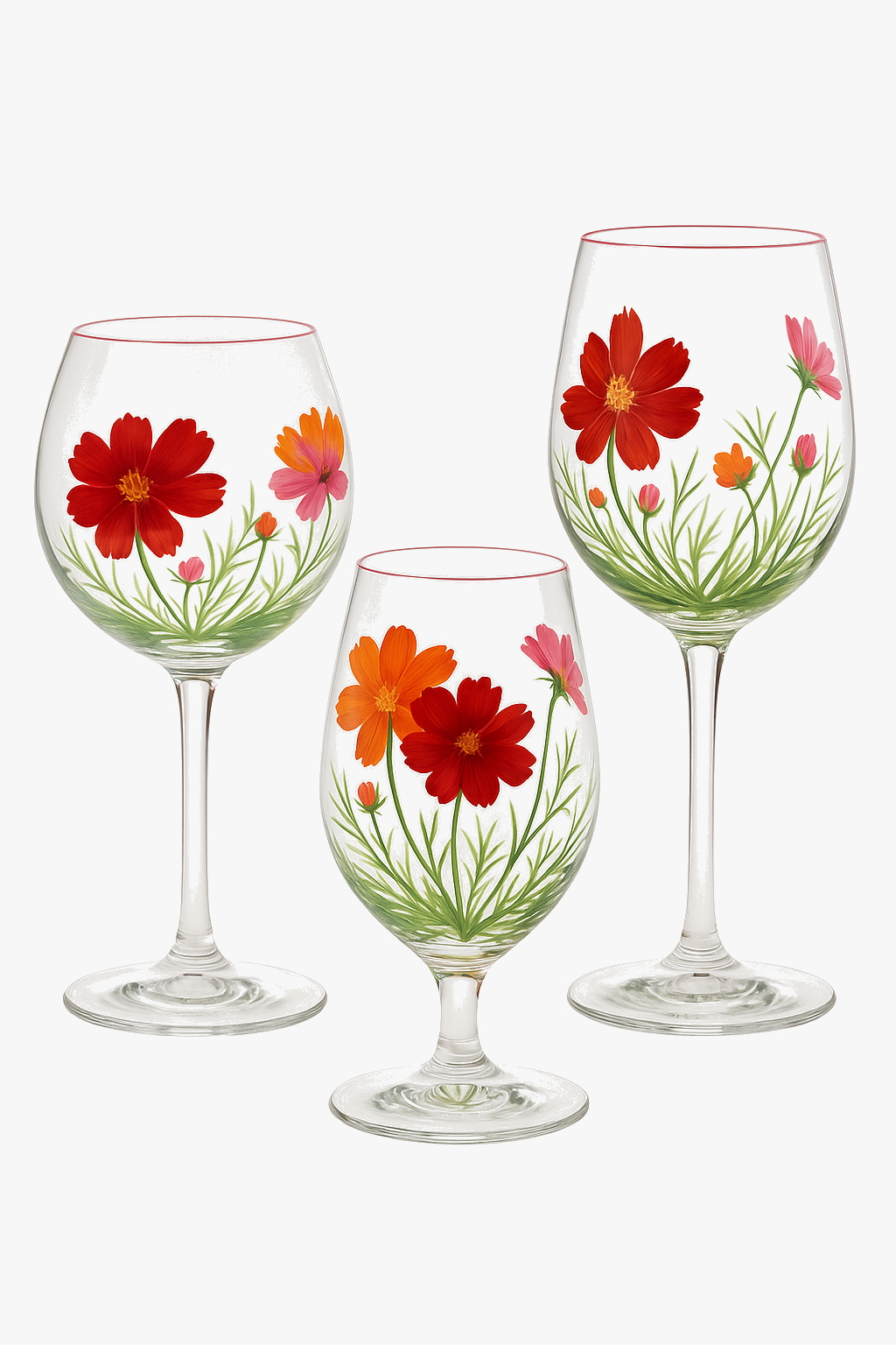Tall wine glasses with hand-painted floral motifs