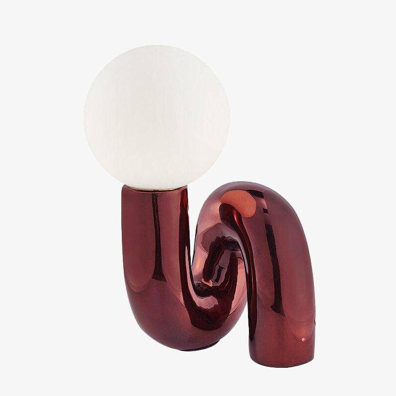 Designer LED table lamp in red metal with Mao glass ball