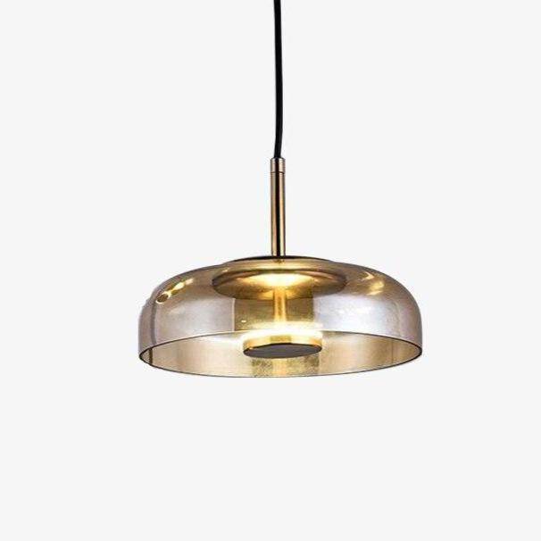 Smoked glass pendant light with gold stem amber