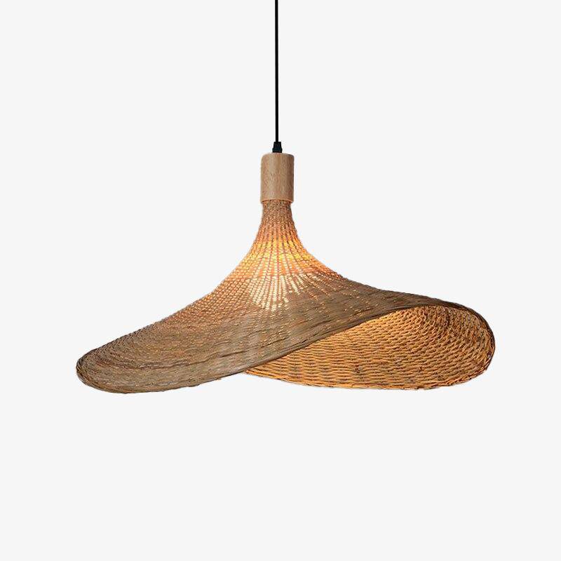 Rustic beige rattan LED pendant light hat style