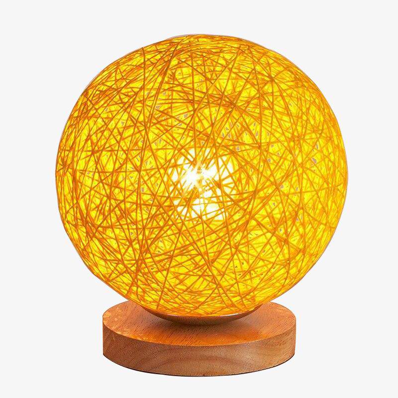 Led table lamp with wooden base and colourful wicker fabric shade