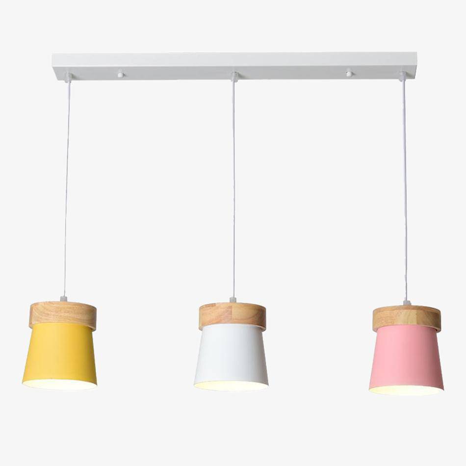 Triple coloured wood and metal LED pendant light