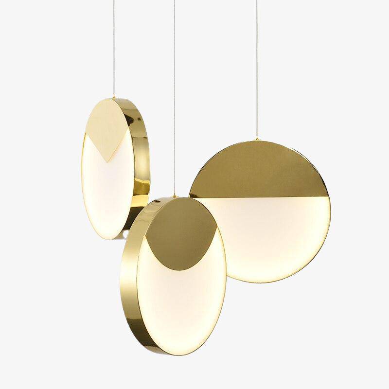 Designer LED pendant light with thick gold-edged disc