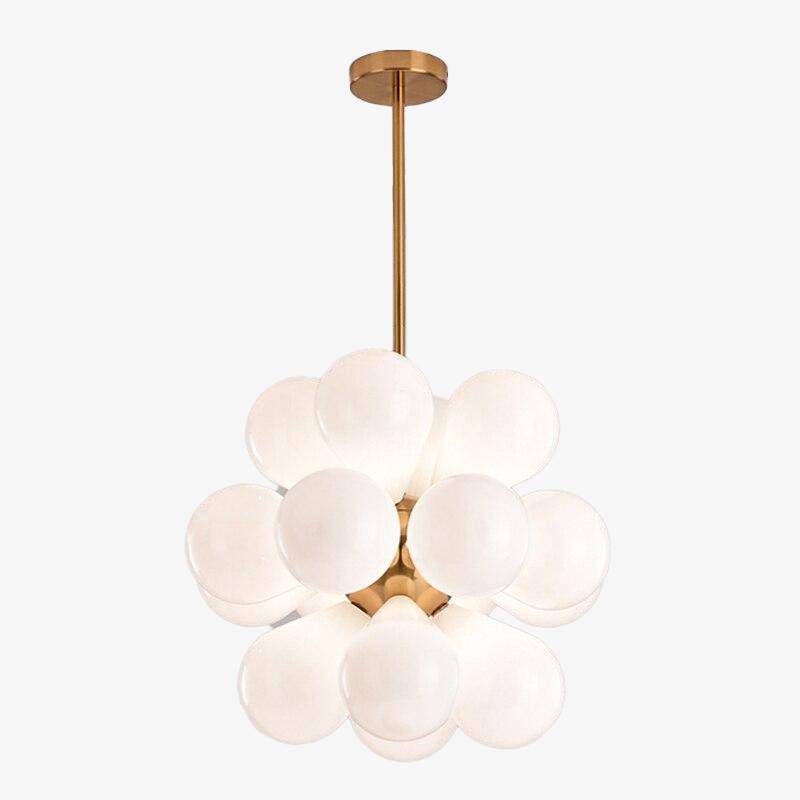 Designer LED pendant light with multiple coloured glass globes hang
