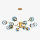 Modern LED chandelier in gold metal with coloured glass balls loft