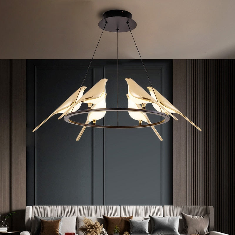 Luxury LED designer chandelier with golden magpie birds - vue 5 sur 9