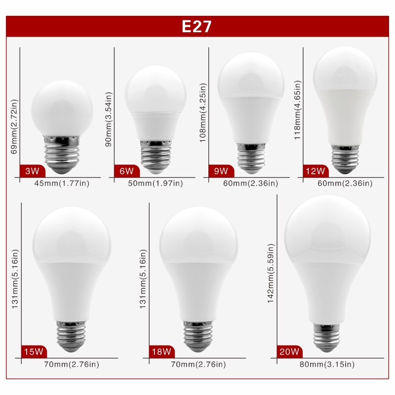 Set of 7 E27 LED bulbs (3W to 20W)