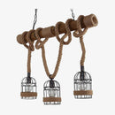 Rustic wooden LED pendant light with rope and multiple retro style metal cages