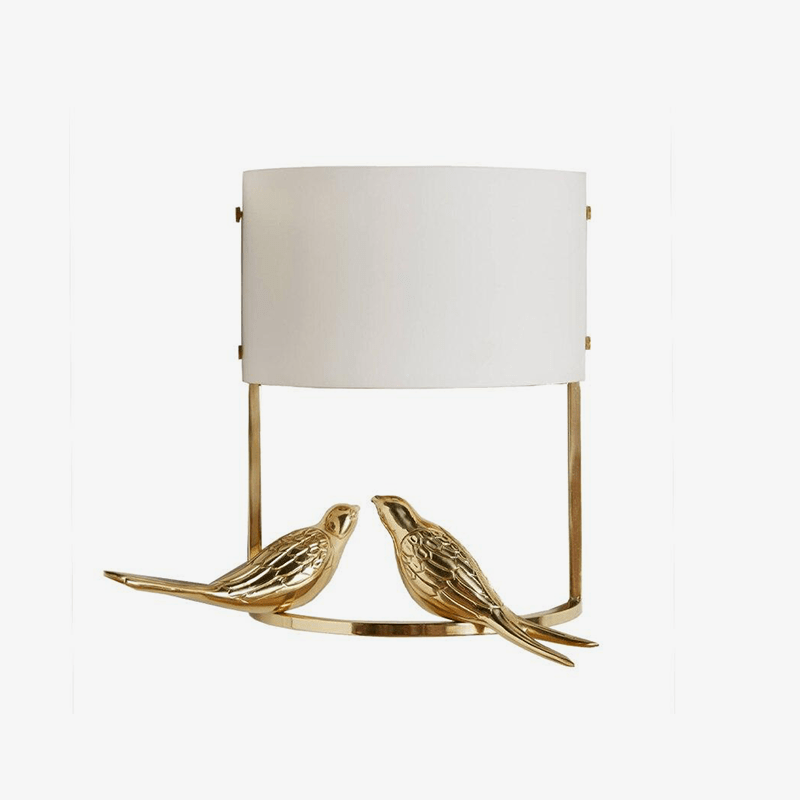Designer LED wall light with two golden birds and white lampshade