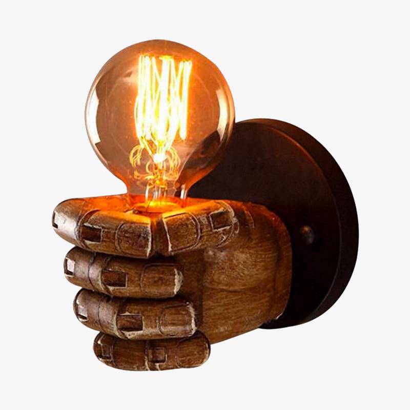 Wooden hand-shaped wall light with Edison lamp