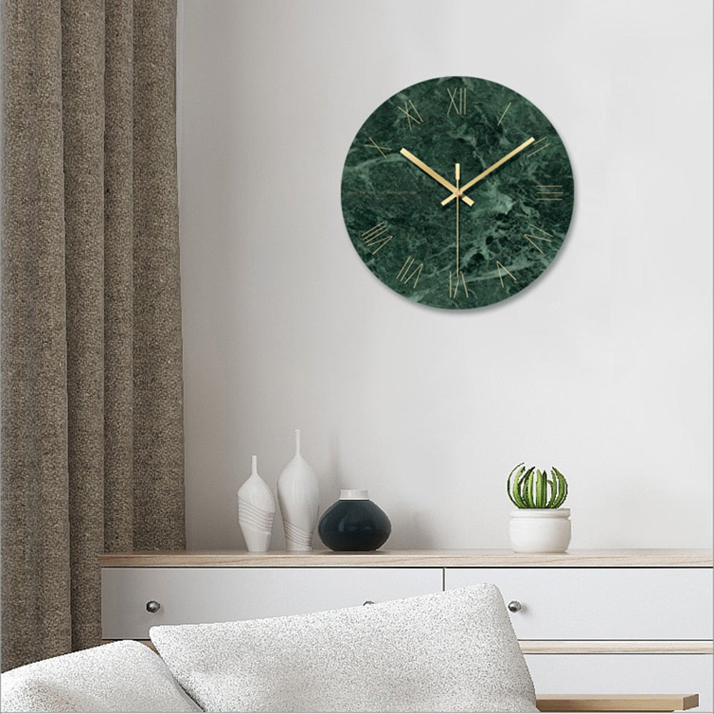 Designer round wall clock in green marble style glass and gold details 30cm