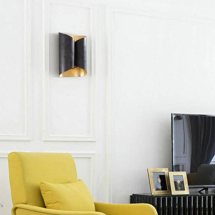 Designer LED metal wall light with gold tile effect for sofa areas