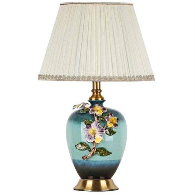 Ceramic LED table lamp with floral Japanese-style pleated shade