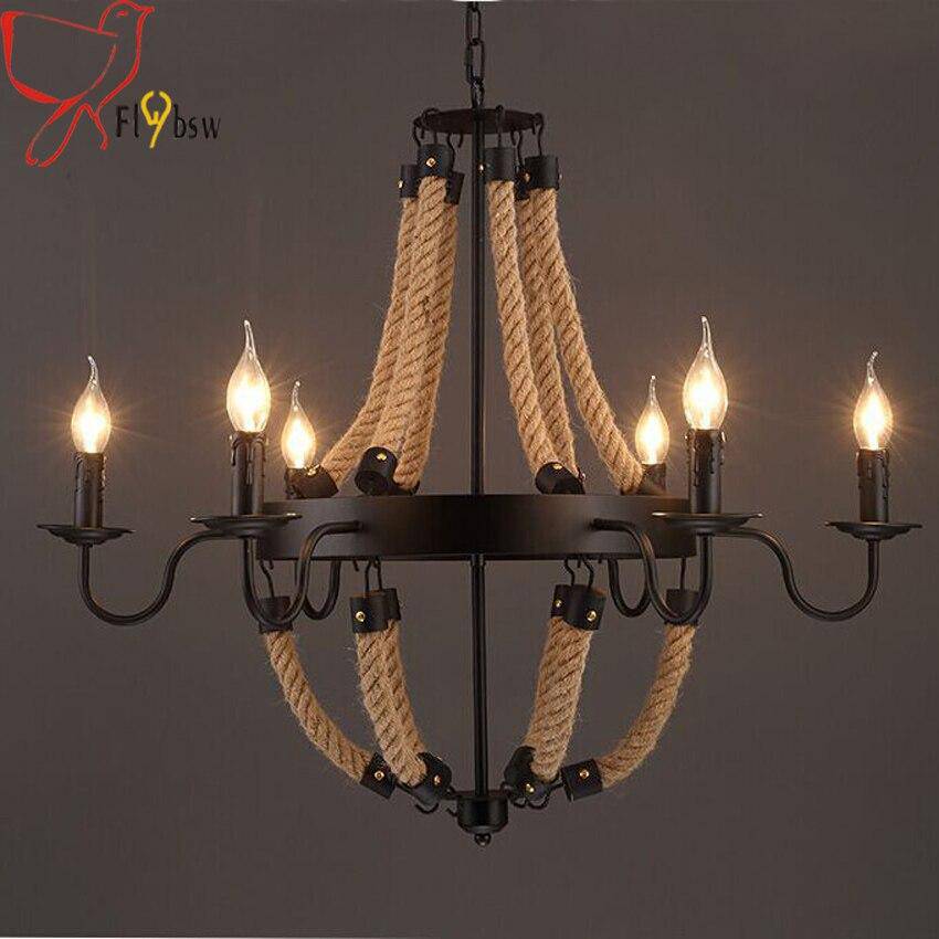 Rustic chandelier in metal and ropes with burning lamps - vue 2 sur 7